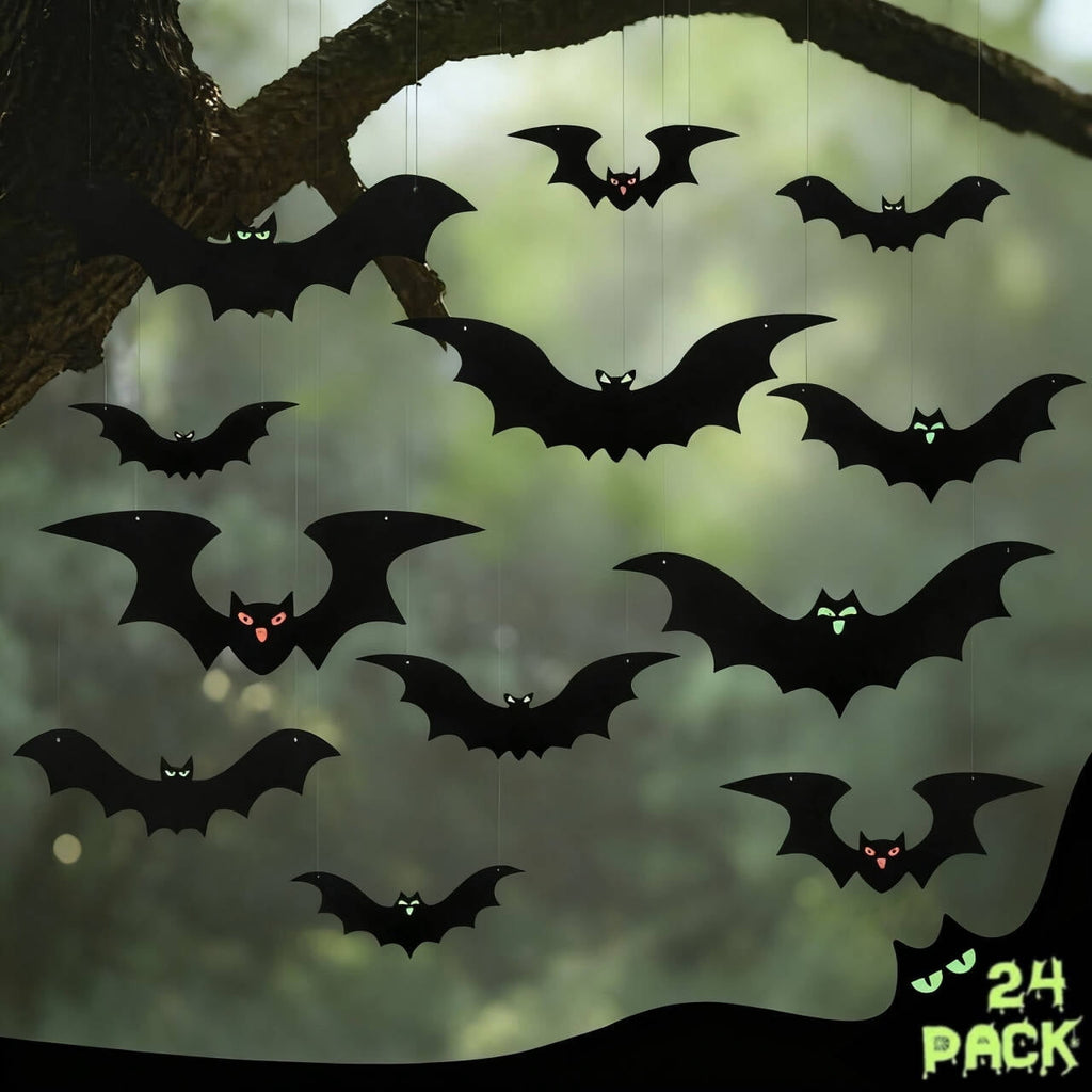 HiberyHom 24 Pack Hanging Bats Halloween Decorations Outdoor, Waterproof Black Plastic Bats 3 Different Sizes with Glowing Eyes Stickers, Bat Decorations Perfect for Halloween Hanging Tree Decor