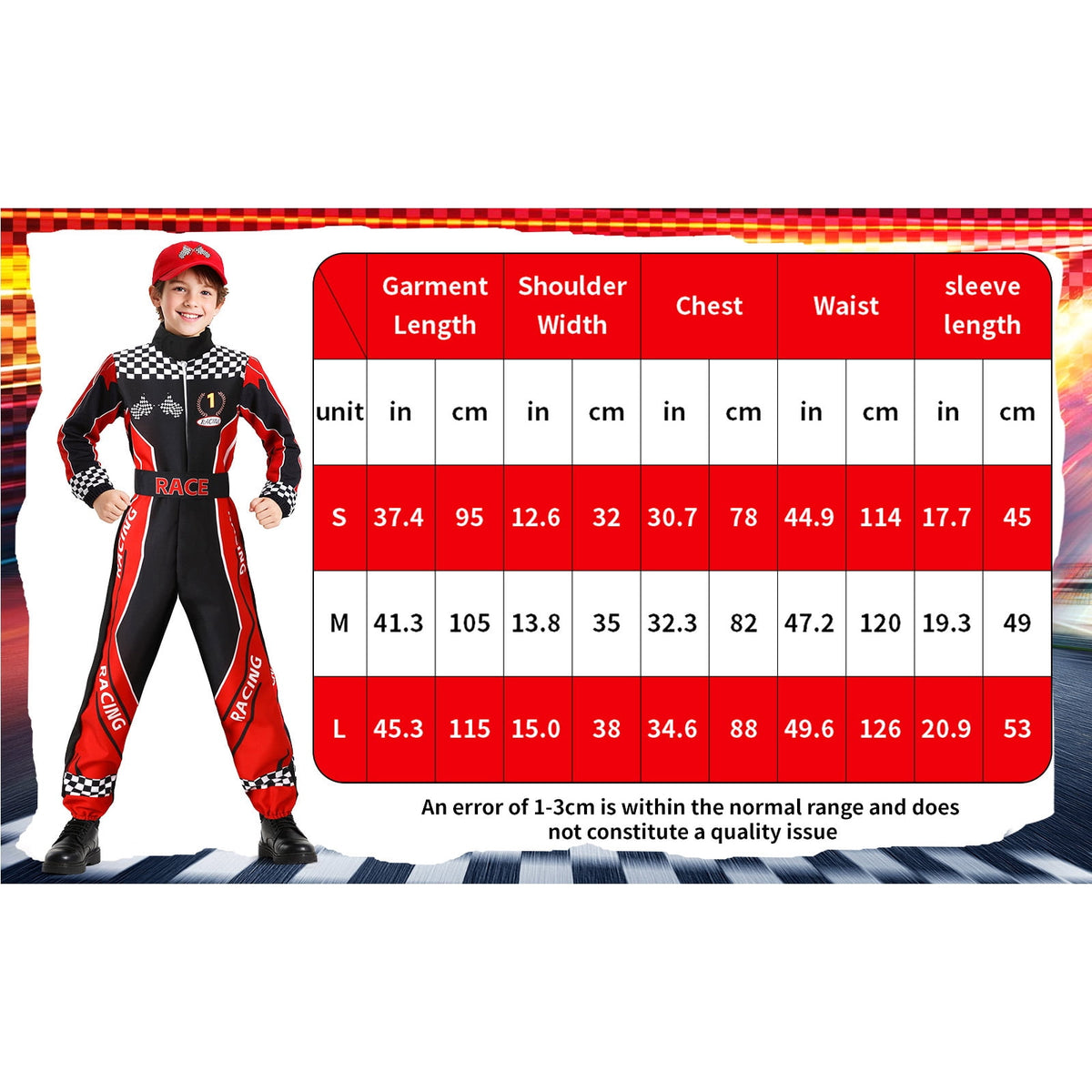 Race Car Driver Costume Boys Kids Racer Jumpsuit Outfits with Car Cap for Halloween Dress Up