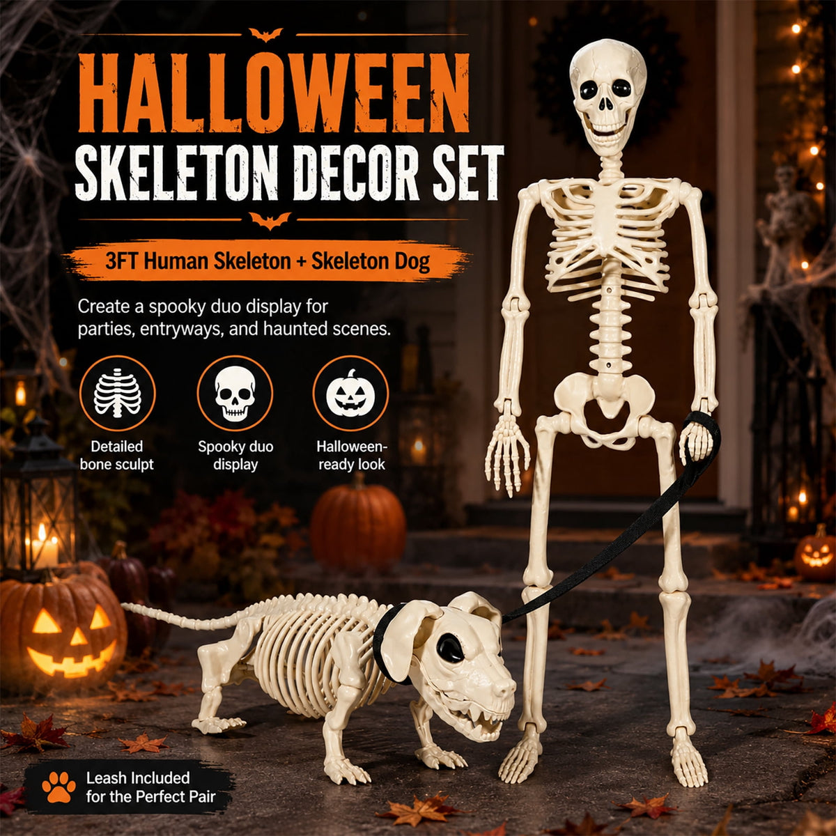 DAKIMOE Halloween Outdoor Decoration Skeleton with Skeleton Dog & Leash 2.9 Ft Skeleton Walking Dog Halloween Party Decoration Yard Lawn Garden Patio Party Decor