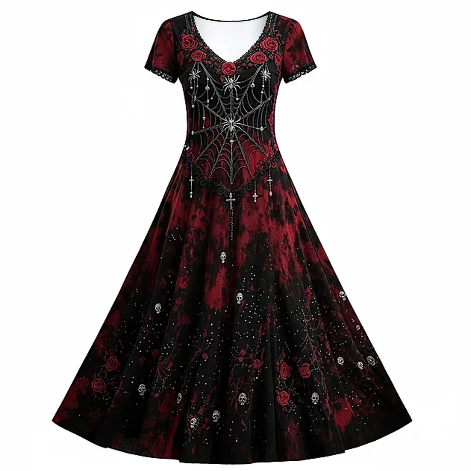 KICILVS Gothic Clothes For Women Black Spiderweb And Spider Print Flowing V Neck Long Maxi Dress Halloween Cosplay Gothic Party Dress