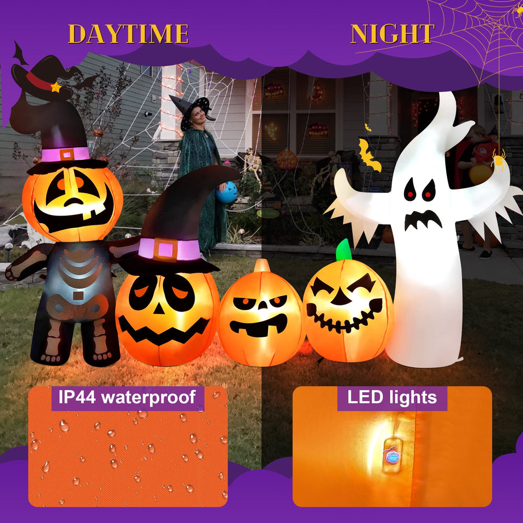 Yexmas Halloween Inflatables, 7 FT Long 4 Pumpkins with Cute White Ghost Outdoor Decorations, Built-in LEDs, Blow Up Party, Waterproof Yard, Garden, Lawn Decor