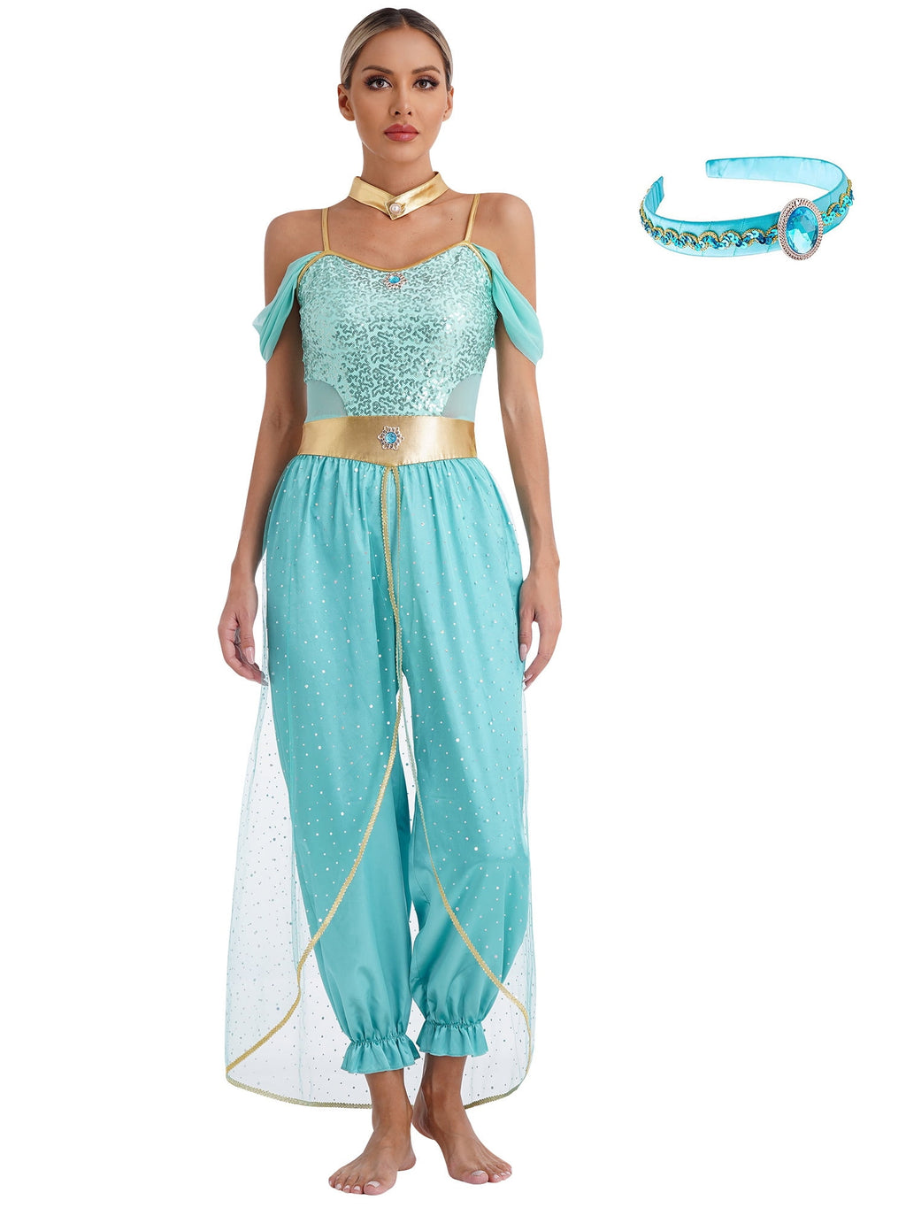 YiZYiF Women's Arabian Princess Dance Costume Halloween Party Fancy Dress Shiny Belly Dance Jumpsuit Turquoise B 4XL