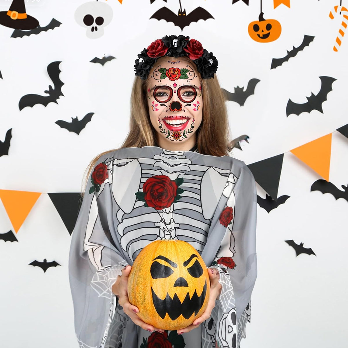 HIFOT 6pcs/set Spider Costume Adult Spider Web Poncho Tights Spider Necklace Chocker Earings Mask and Witch Hat Halloween Costumes for Women