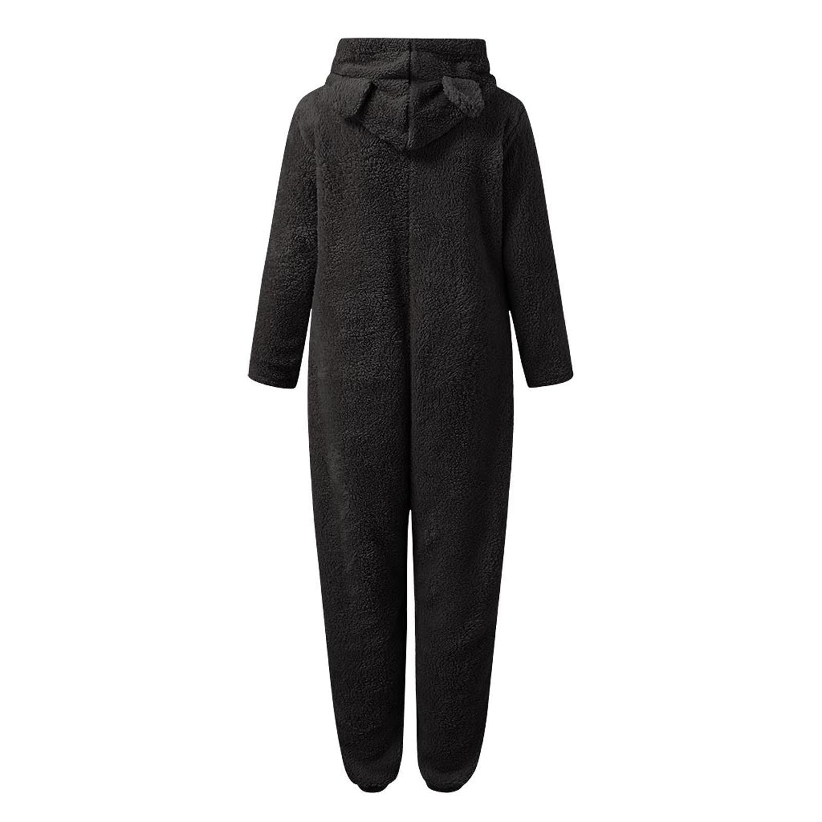QATAINLAV Sherpa Fleece Jumpsuit for Women Winter Warm Fuzzy Onesie Pajamas Cute Cat Hooded Romper Casual Zip Up Overalls Sleepwear Black XL