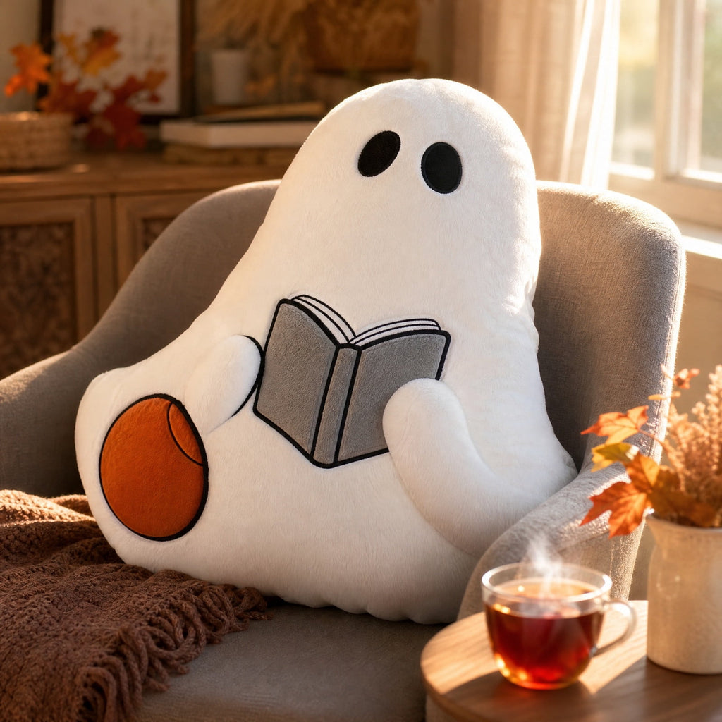 Halloween Ghost Reading Book Throw Pillow Cover, Spooky Library Bookshelf Skull Candlestick Decorative Pillowcase, Retro Halloween Cushion Cover