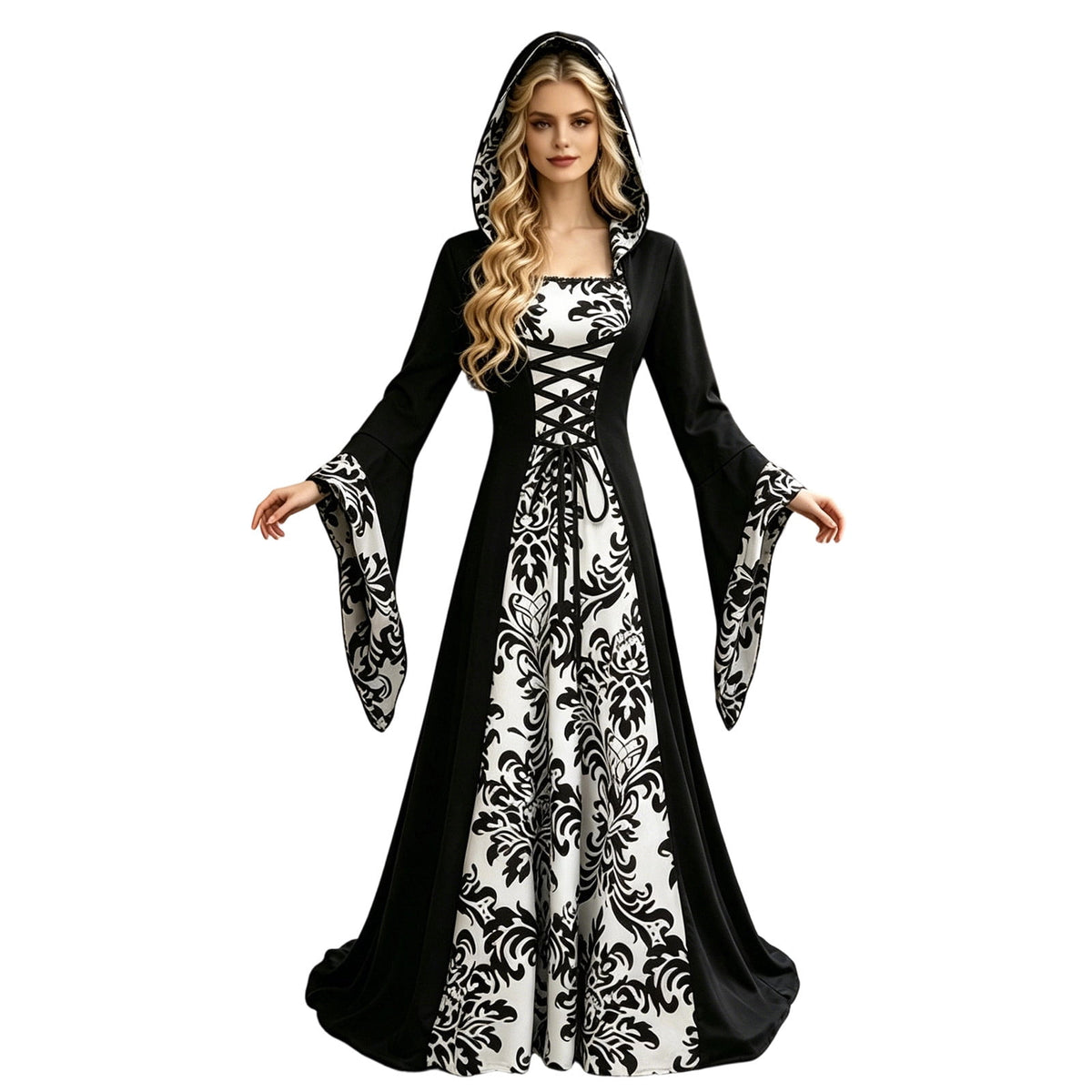 KICILVS Witch Costume Women Hooded Gothic Robe Corset Waist Bell Sleeve Maxi Length Damask Print Vampire Cloak Outfit White