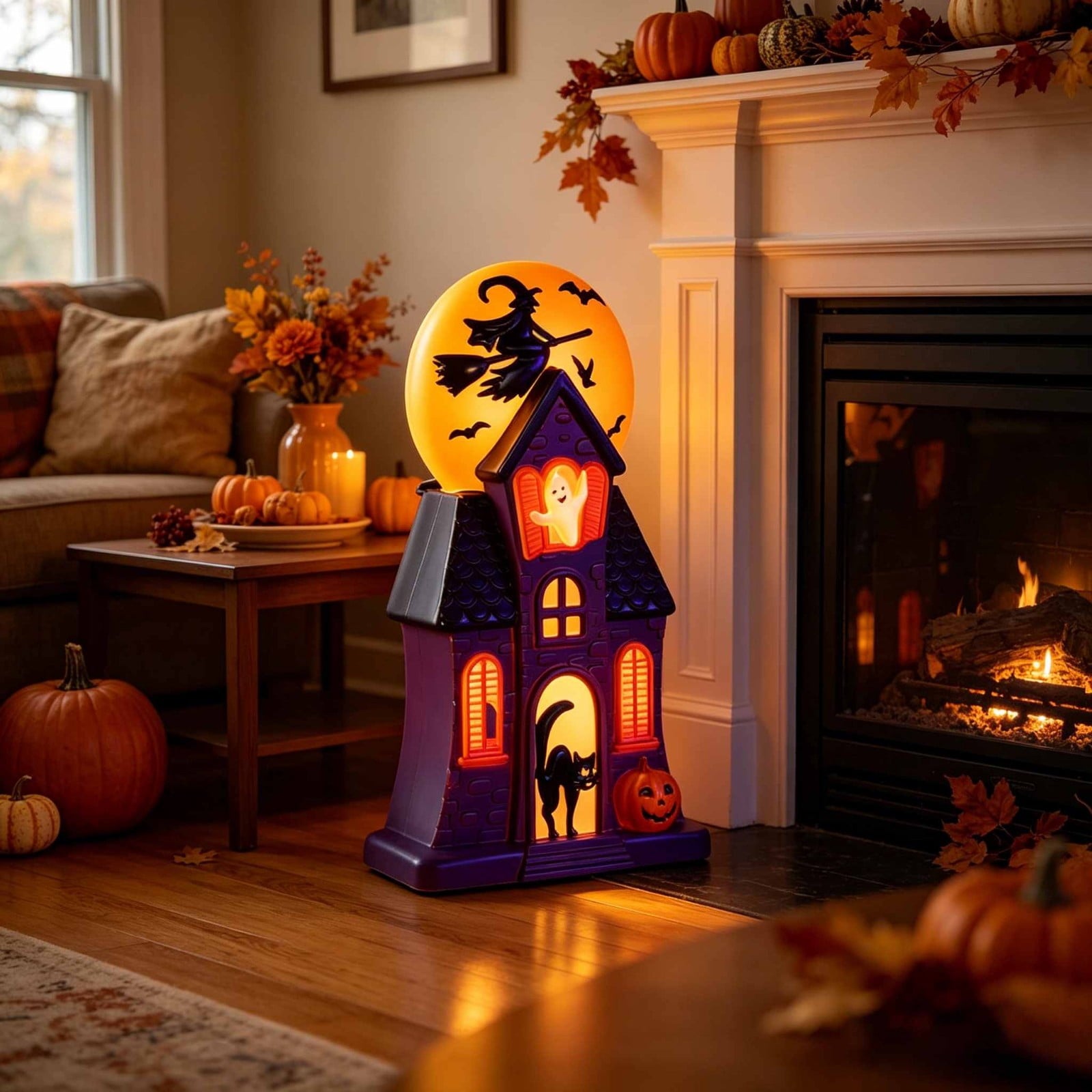 Halloween Haunted House Blow Mold Light, Resin Pre-Lit Spooky Mansion with Glowing Witch Moon, Ghost & Black Cat, Vintage Spooky House Lamp for Indoor Tabletop Outdoor Garden Decor