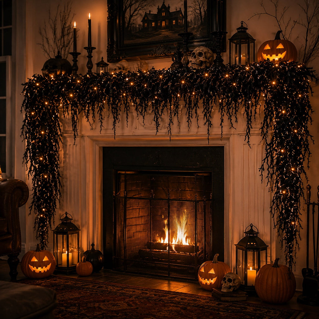 Orangide Halloween Spooky Garland Black Rope Rattan Fireplace Decor Set 71 in Hanging Ornament for Porch Wall Indoor Outdoor Fall