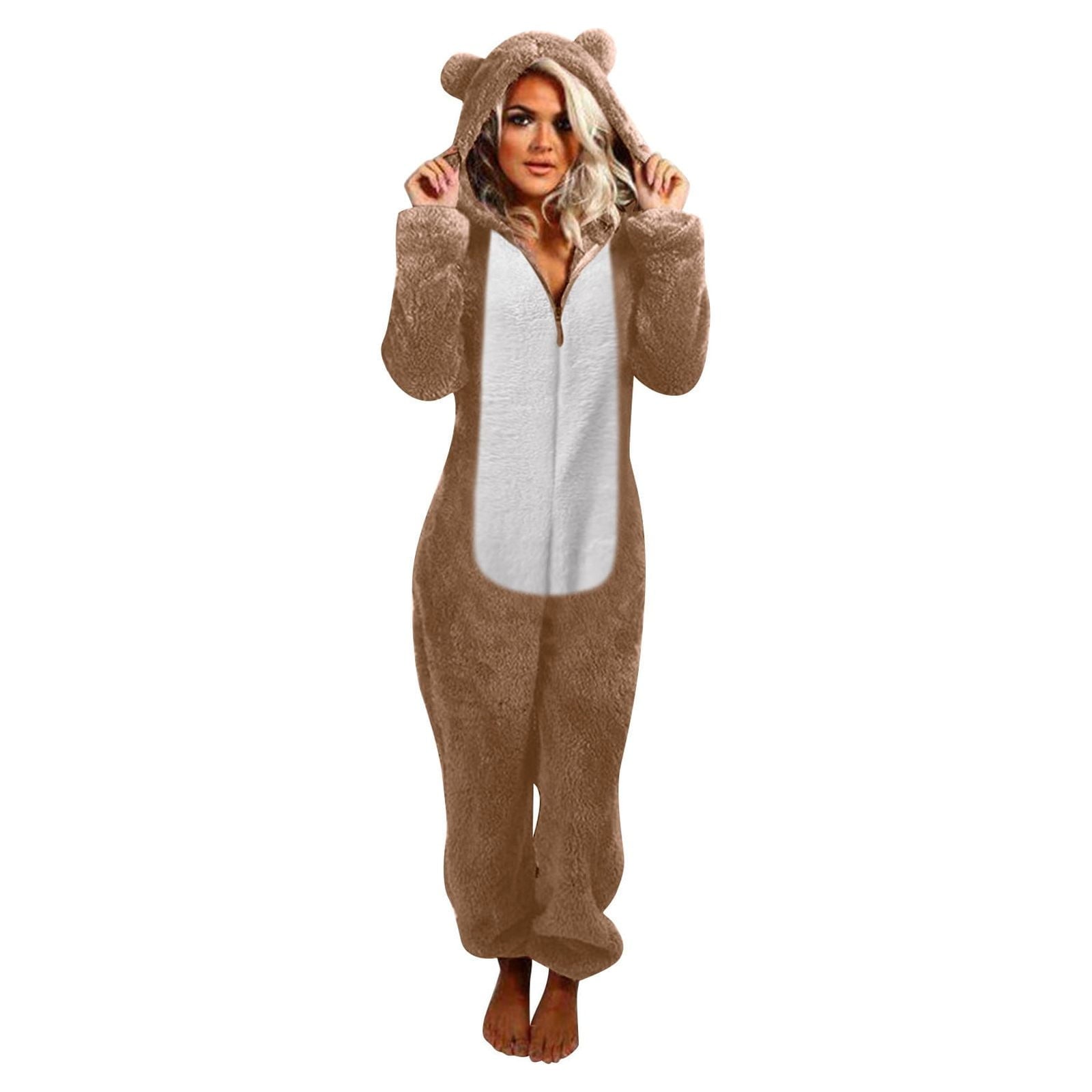 QATAINLAV Sherpa Fleece Jumpsuit for Women Winter Warm Fuzzy Onesie Pajamas Cute Cat Hooded Romper Casual Zip Up Overalls Sleepwear Black XL