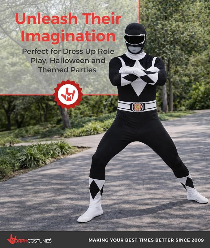 Morphsuits Adult Black Power Ranger Morphsuit Mens Superhero Fancy Dress Costume Halloween Black M