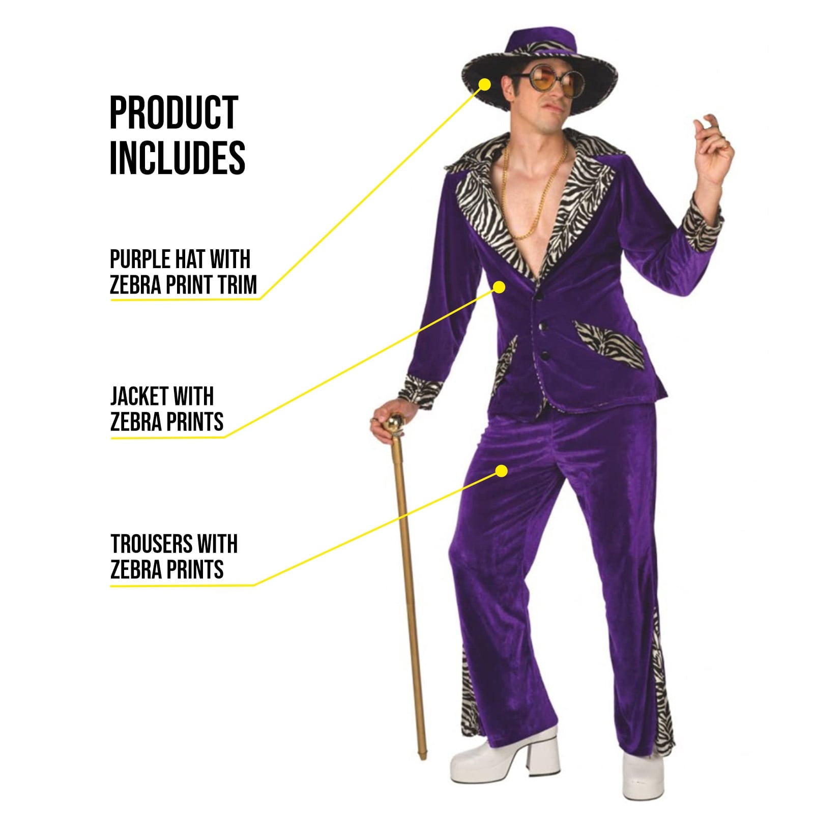 Morph Mens Purple 70's Costume Hat 1970s Velvet Suit Guys Party Halloween Purple XL