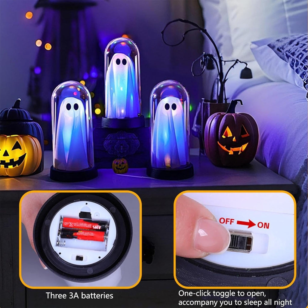 Darzheoy Halloween Decoration Ghost Cloche Lamp, with 3 Mini Figurines, Halloween Ghost Spooky, White Warm Glow, 1 Count