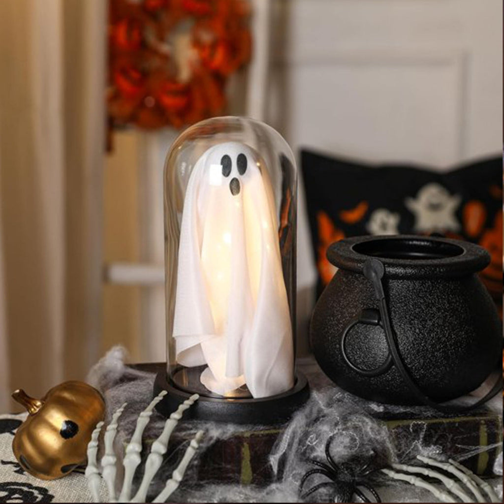 Darzheoy Halloween Decoration Ghost Cloche Lamp, with 3 Mini Figurines, Halloween Ghost Spooky, White Warm Glow, 1 Count