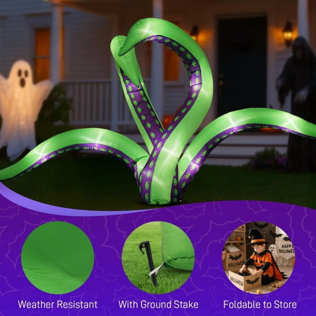 2-Pack 6.9FT Halloween Inflatable Octopus Tentacles, 12 White LED Lights, Quick Inflation with Ropes/Suction Cups for Windows/Rooftops/Yard