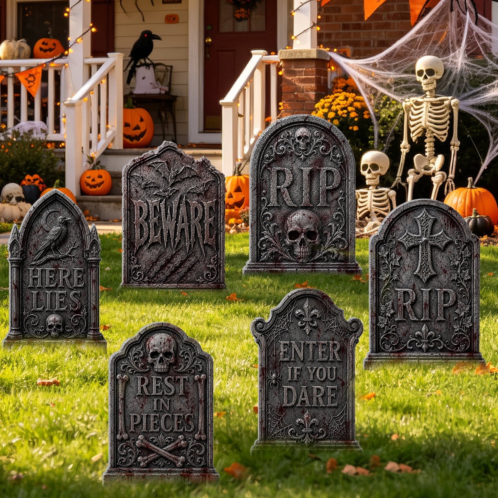 Yalumo Halloween Tombstone Decorations Outdoor, 6 PCS 17" Graveyard Tombstones with Stakes for Lawn Garden Cemetery Halloween Party Decor