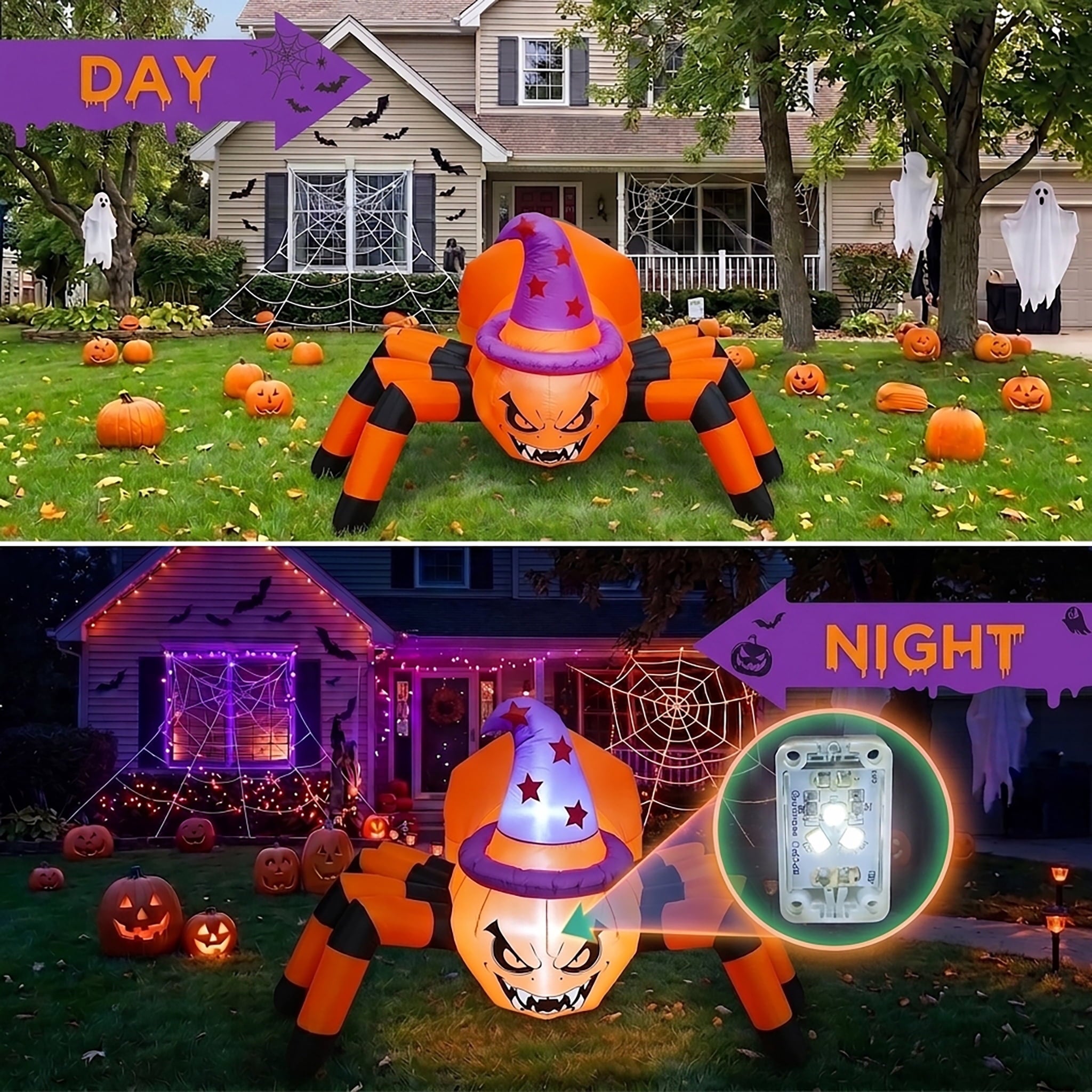 Glazina 6 FT Halloween Inflatable Pumpkin Spider with Witch Hat, Built-In LED Lights, Outdoor Halloween Blow Up Yard Decoration