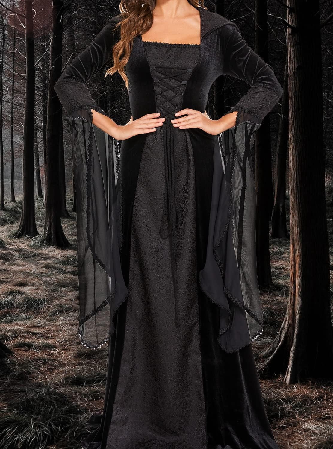 Halloween Witch Costume Women, Deluxe Witch Dress Costume, Vintage Embroidered Renaissance Gothic Hooded Vampire Gown Dress Cosplay Costumes Black M