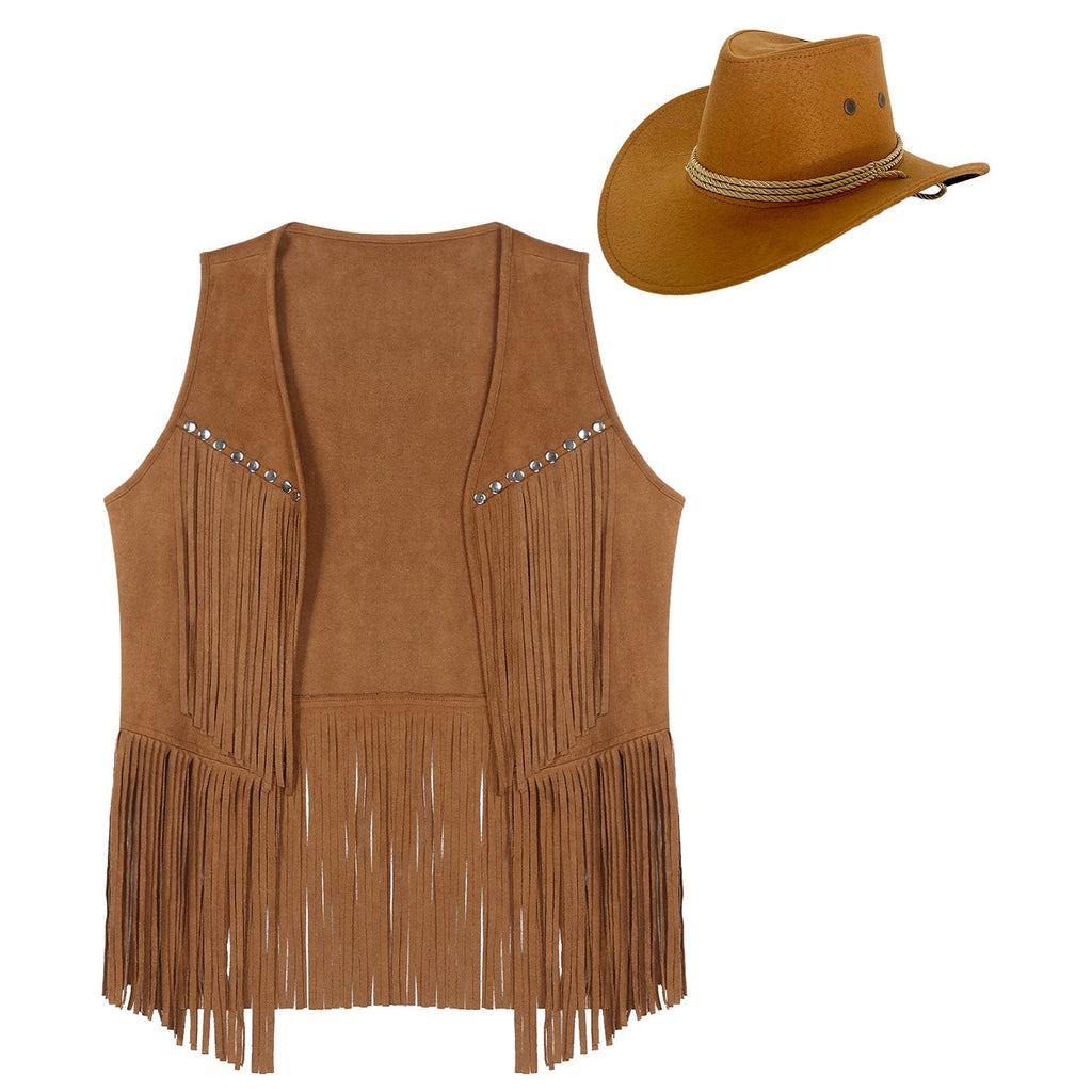 TiaoBug Men's Western Cowboy Cosplay Costume Tassel Rivets Waistcoat with Wide Brim Hats Sets Black L