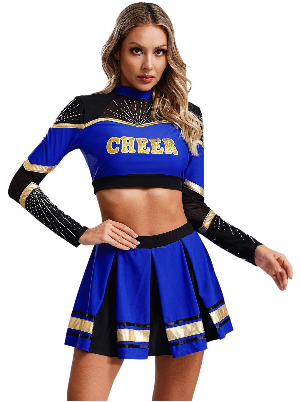 TiaoBug Women Cheer Leader Uniform Dance Cheerleading Costume Long Sleeve Crop Top with Mini Skirt White S