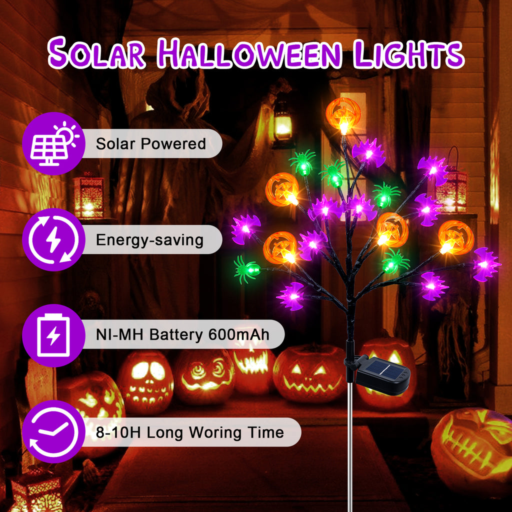 Qoosea 2 packs 40 LED Solar Halloween Lights, 2 Modes Halloween Bats Spiders Pumpkin Lights for Outdoor Decorations, Waterproof Stakes for Garden Yard Pathway Walkway