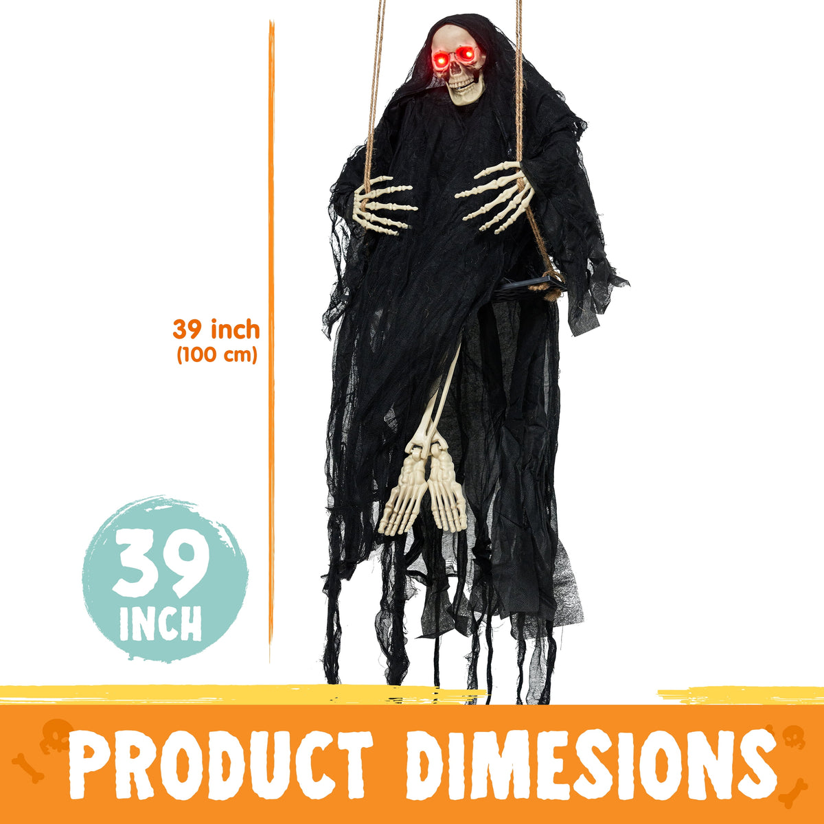 Joyfy 3 FT Halloween Hanging Swinging Skeleton,Light Up Creepy Grim Reaper with Black Hood Decorations for Halloween Hanging Decorations Indoor Outdoor Yard Home Decorations