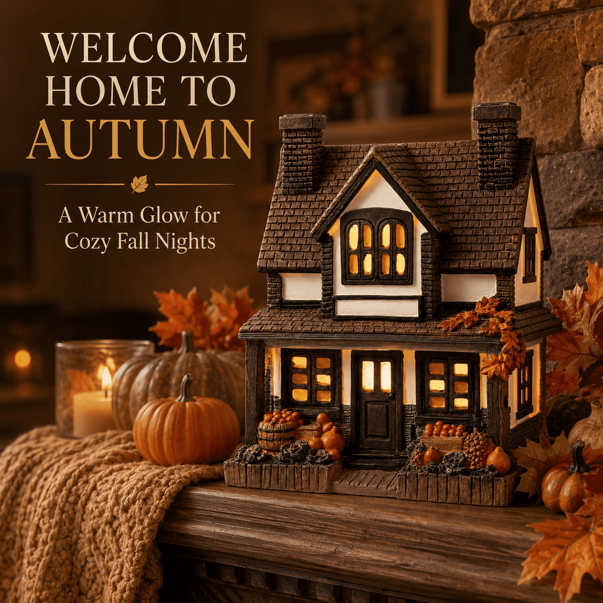Fall Harvest Light Up Cottage House, LED Resin Pumpkin Autumn Halloween Thanksgiving Tabletop Decor with Warm Glow for Mantel Shelf Home Office Seasonal Decoration, 6" (1 PC)