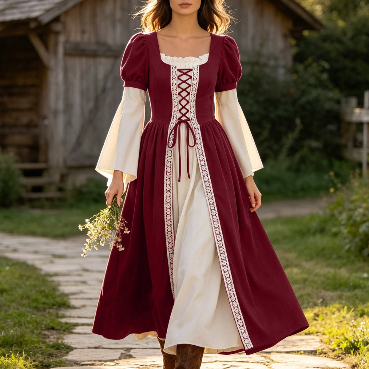 Hurxie Renaissance Costume Women Peasant Medieval Dress Maxi Fairy Dresses with Bell Sleeve Vintage Ren Faire Outfit