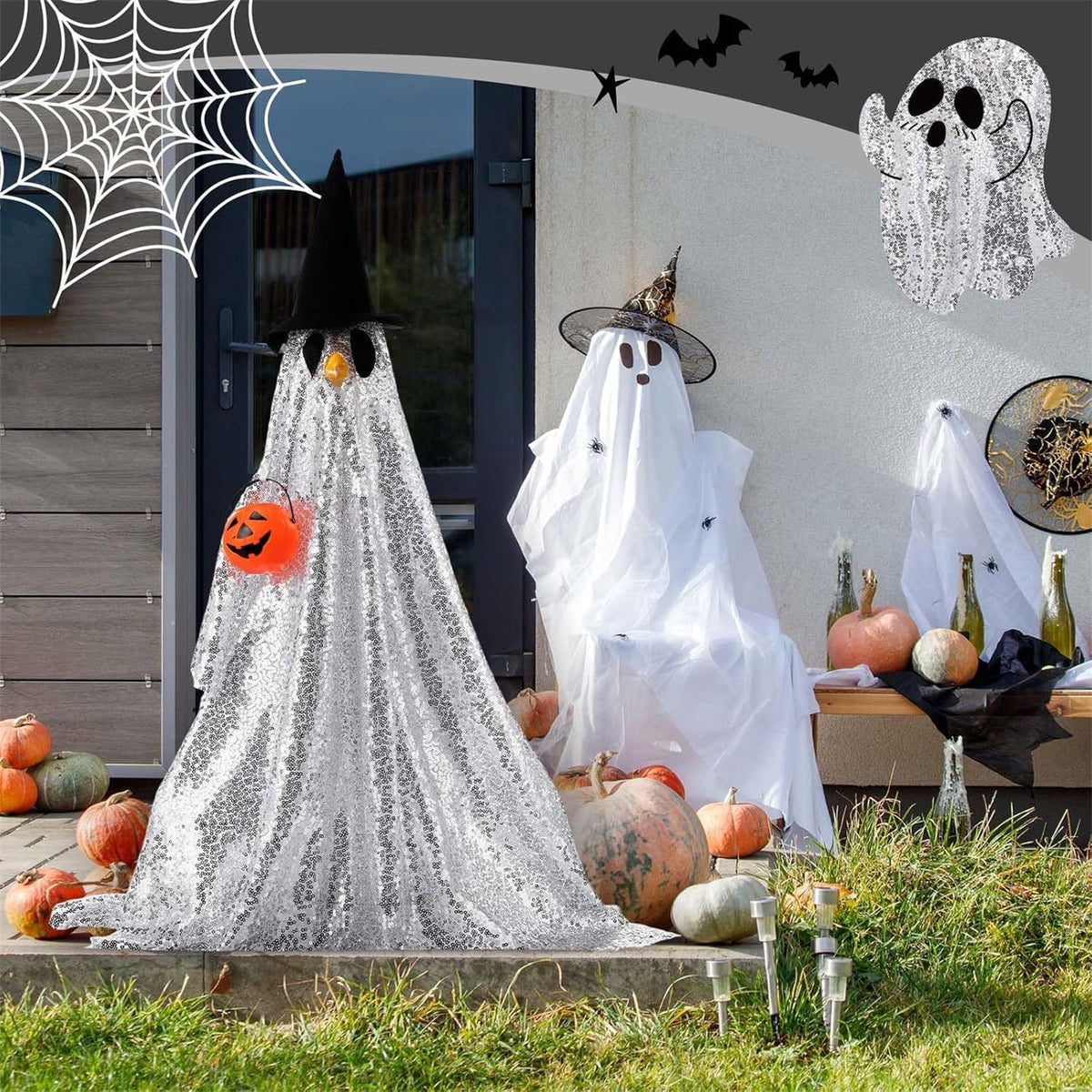 Bat Witch Hat Spiderweb Halloween Goose Clothes Fit 17/23In Cement Plastic Lawn Goose, Stylish Full Set for Outdoor Yard Patio Garden Seasonal Halloween Home Ornamental Arrangement