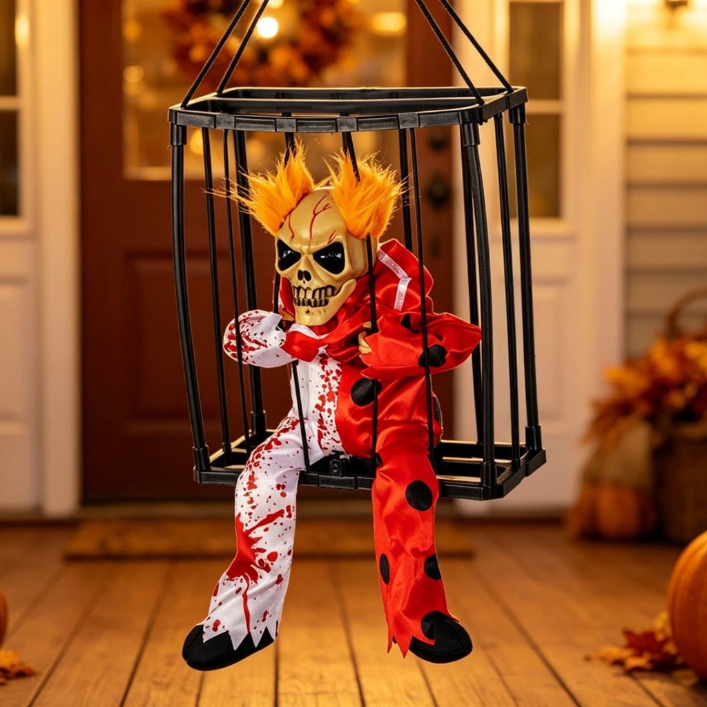 XIA0LE Halloween Hanging Caged Skeleton Prisoner Decoration, Animated Shaking Scary Ghost With Motion Sensor & Sound, Glowing Red Eyes Activated For Indoor Outdoor Party Decor (C)