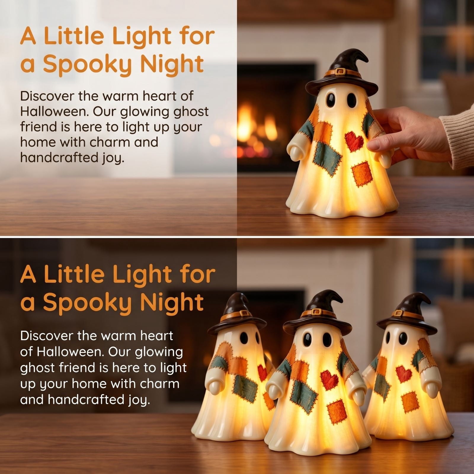 Lighted Vintage Patchwork Ghost, Rustic Farmhouse Halloween LED Light Up Ghost with Pumpkin Lantern, Spooky Cute Fall Decor for Mantel, Shelf, Tiered Tray, Entryway Porch Tabletop