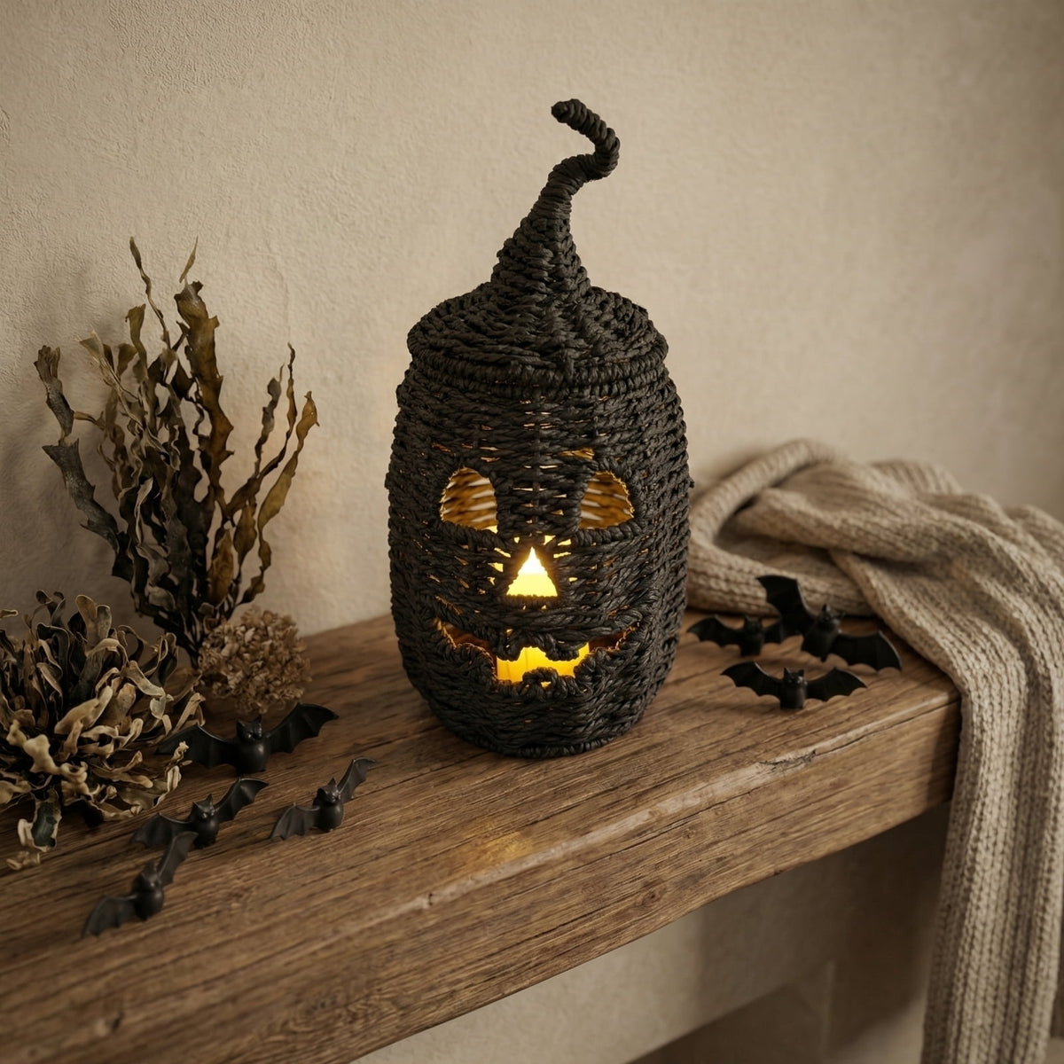 2026 Halloween Black Woven Seagrass Pumpkin Storage Basket with Lid, Fall Indoor Home Decorations for Halloween Party Home Halloween Decor, 10.2 inch
