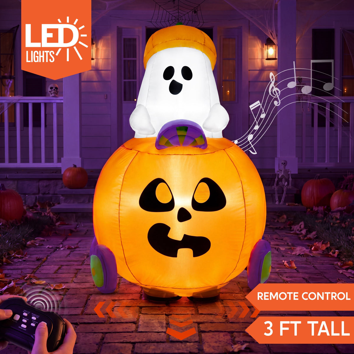 Joyfy 5ft Halloween Inflatables Light up Cute Ghost,Blow Up Ghost Lift Pumpkin Candy Bag with Build-in LEDs for Yard Decorations