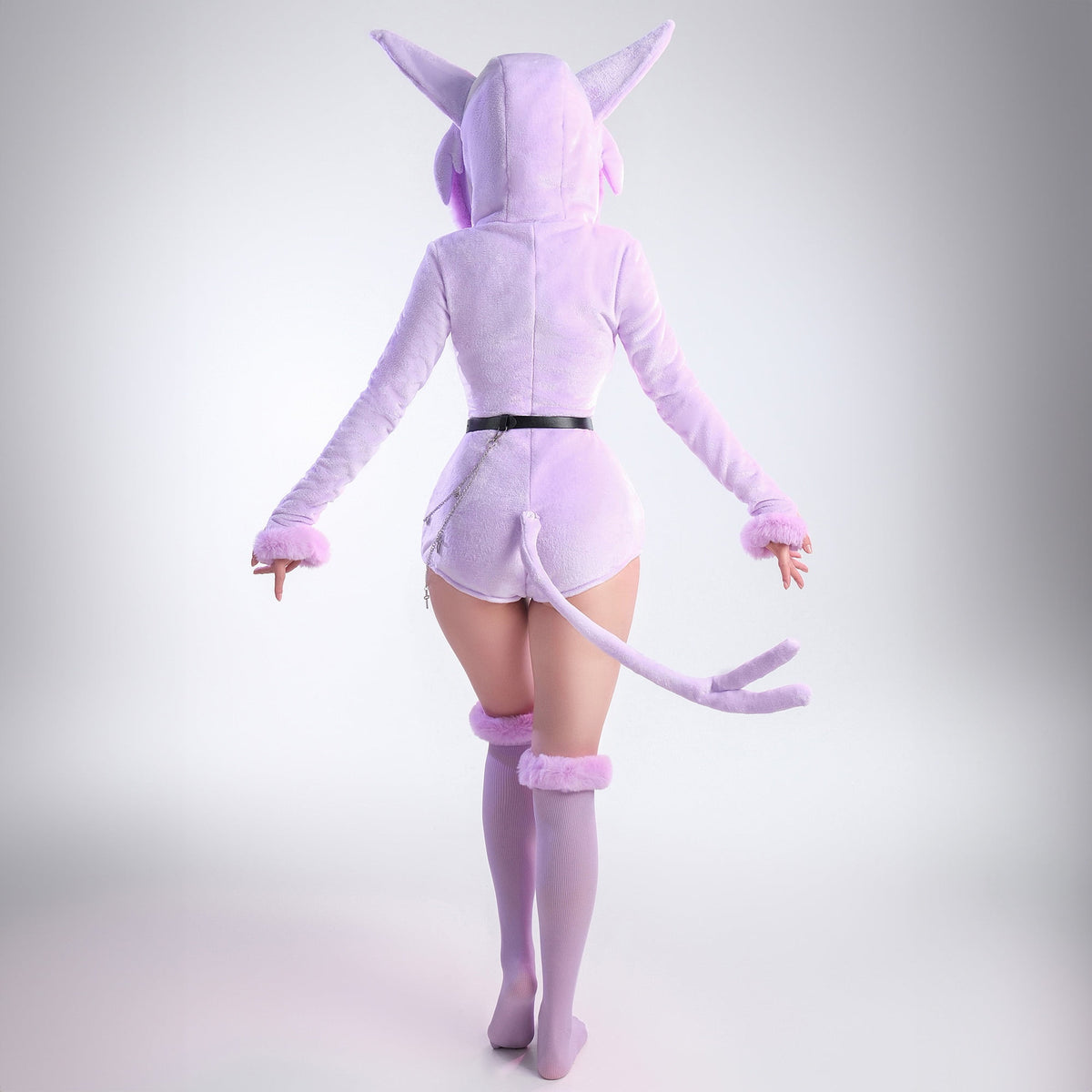Women sexy Fluffy Hooded Bodysuit Halloween Deep V Kawaii One Piece Lingerie Rompers with Choker and Socks