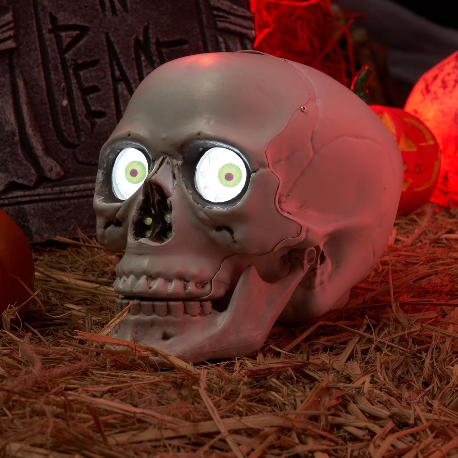Joyfy Sound Activated Animated Skull Halloween Indoor Decor,LED Light Up Moving Eyeballs Skull Tabletop Ornament,Scary Haunted House Party Desktop Home Decoration Supplies