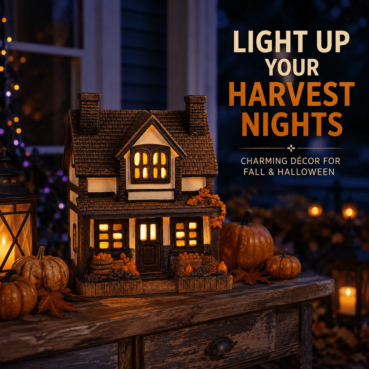 Fall Harvest Light Up Cottage House, LED Resin Pumpkin Autumn Halloween Thanksgiving Tabletop Decor with Warm Glow for Mantel Shelf Home Office Seasonal Decoration, 6" (1 PC)