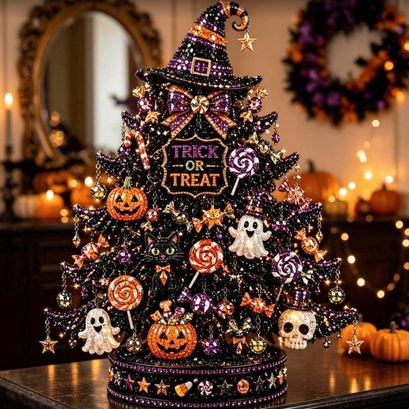 2026 Moonlit Black Cat DIY Halloween Quilted Fabric Tree Kit - Patchwork Fabric Halloween Tabletop Tree, Autumn Mantel Ornament for Adult Rustic Farmhouse Seasonal Display