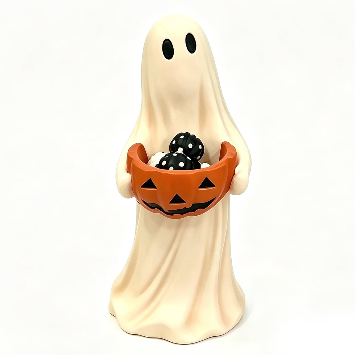 Clearance Halloween Ghost Resin Figurine with Black Cat & Pumpkin Candy Bowl 10“- Cute Spooky Tabletop Decor for Home Mantel, Shelf, and Indoor Fall Display