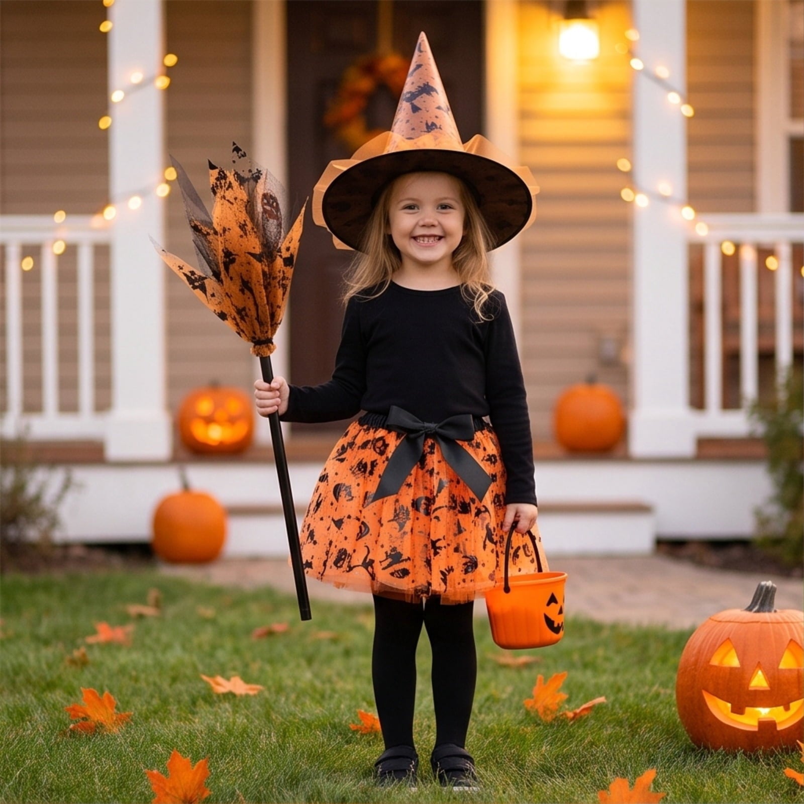 choiix Witch Tutu Skirt and Hat Set with Broomstick Halloween Costume Outfit with Printed Tulle Skirt and Witch Hat Cosplay Outfit for Party 100