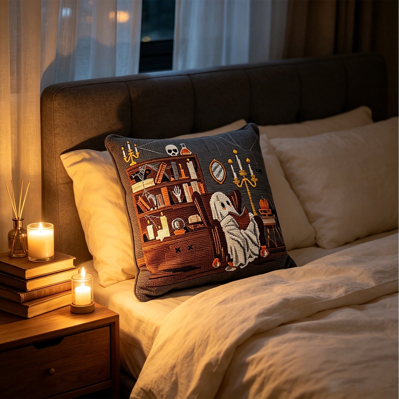 Halloween Ghost Reading Book Throw Pillow Cover, Spooky Library Bookshelf Skull Candlestick Decorative Pillowcase, Retro Halloween Cushion Cover