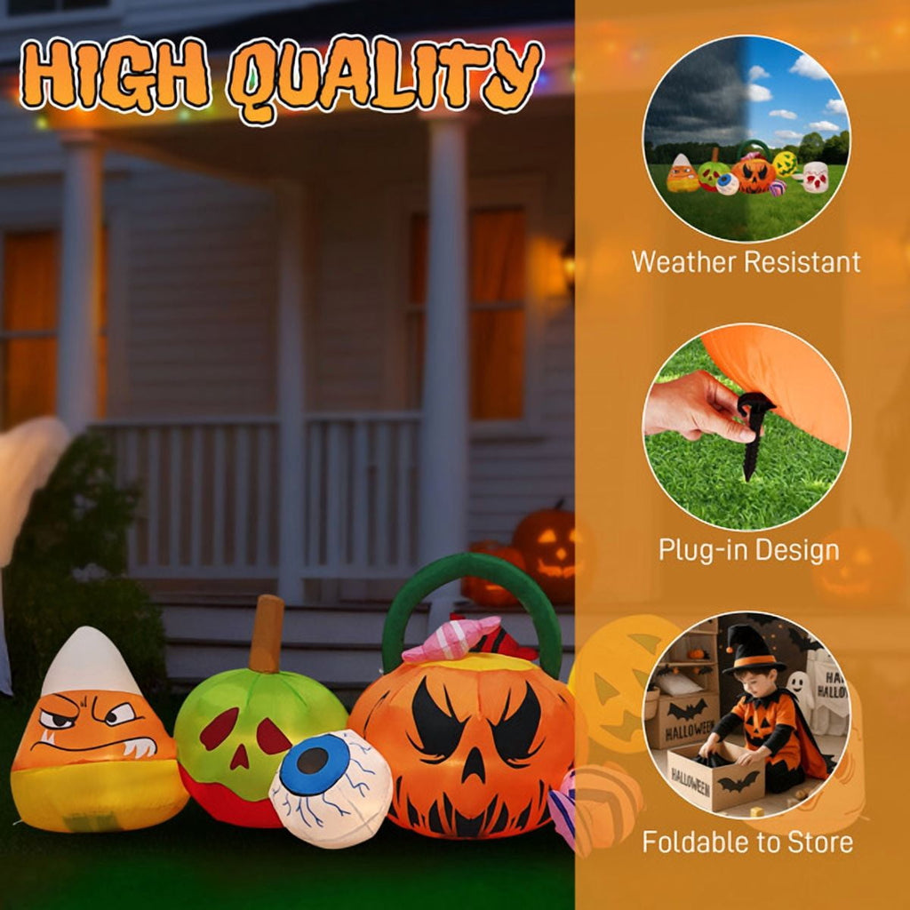 Alvantor 8 ft Long Halloween Inflatable Pumpkin Candy Display with Eyeball and 7 Warm White LED Lights