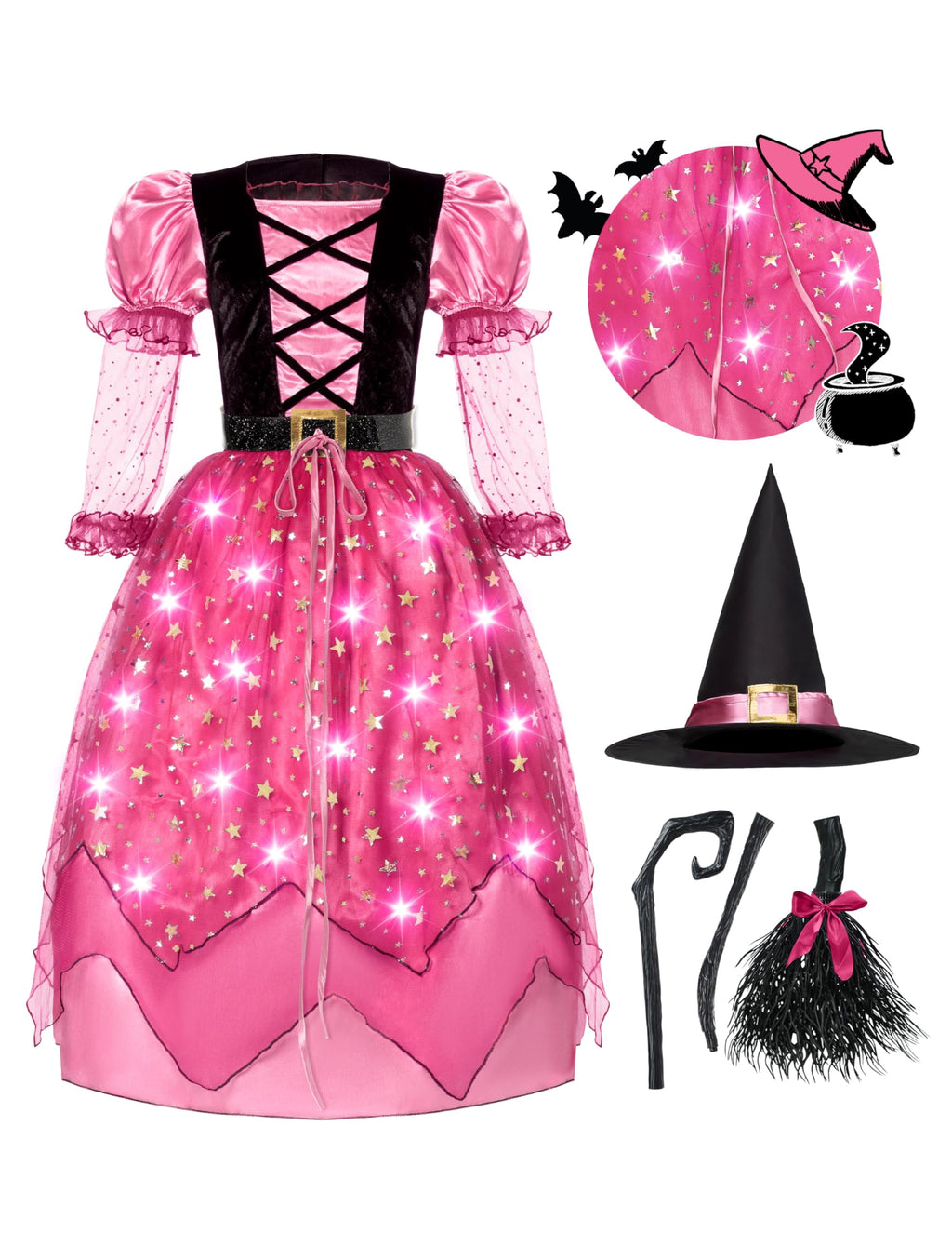 Joyfy Light Up Witch Costume Set for Girls, Starry Witch Dress with Broom Belt Hat for Kids and Toddlers, Perfect for Halloween Party Dress-Up Cosplay (5-12 Years)