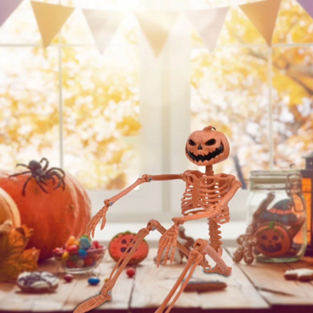 Cool Halloween Decor - 1/2pcs Posable Full Body Thanksgiving Pumpkin Head Skull Skeleton with Movable Joints Mini Figure Toy for Halloween Decoration, 16" Tall, Orange