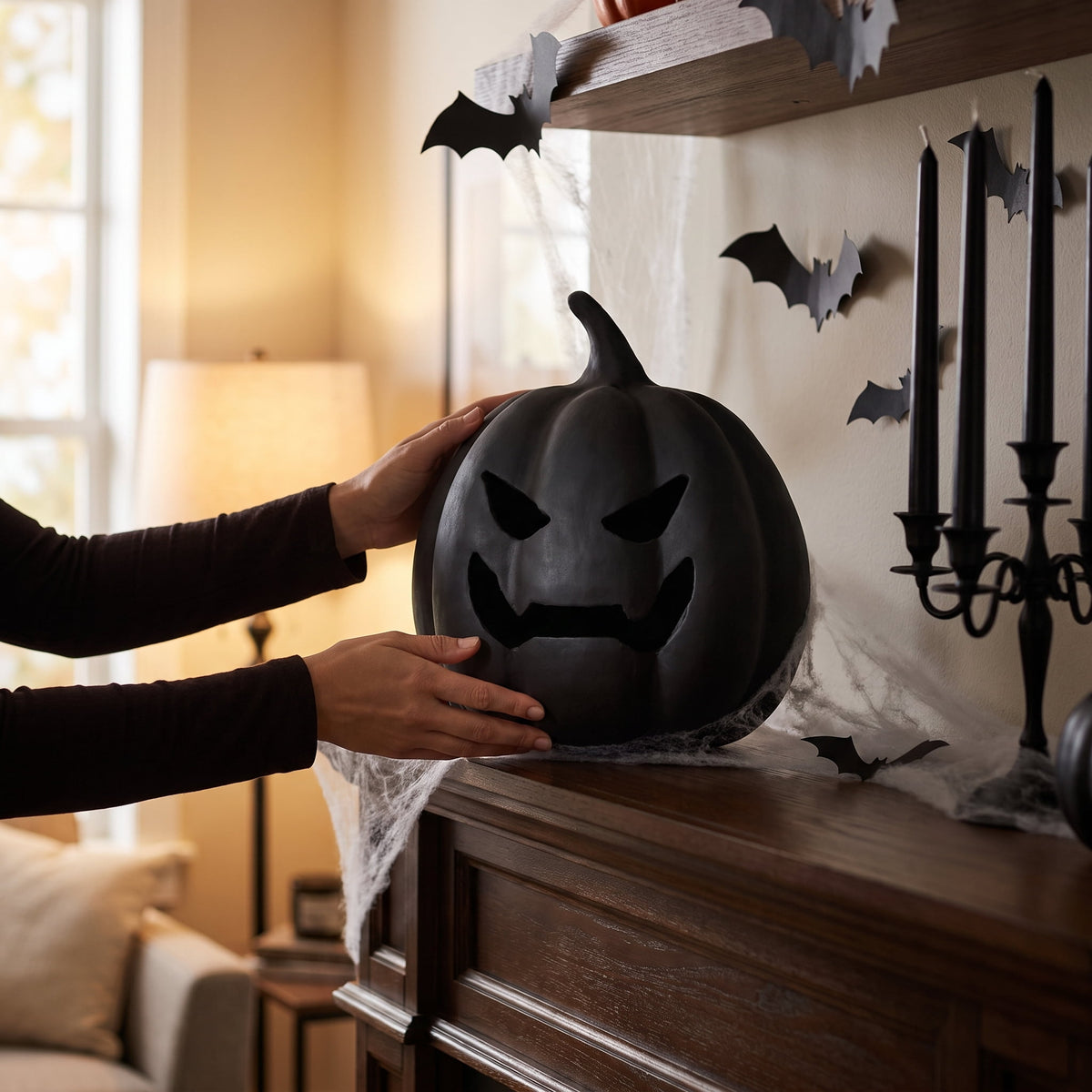 Paper Mache Jack-o'-Lantern Decoration, Black, 8.25", Halloween by Way To Celebrate