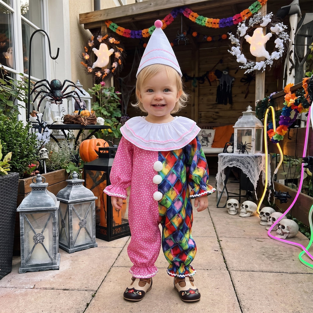 RUINIXCW Kids Toddler Baby Girl Boy Halloween Outfit Clown Costume Infant Baby Girl Boy Romper Birthday Photoshoot Outfit Contrast Color Long Sleeve Jumpsuit Hat