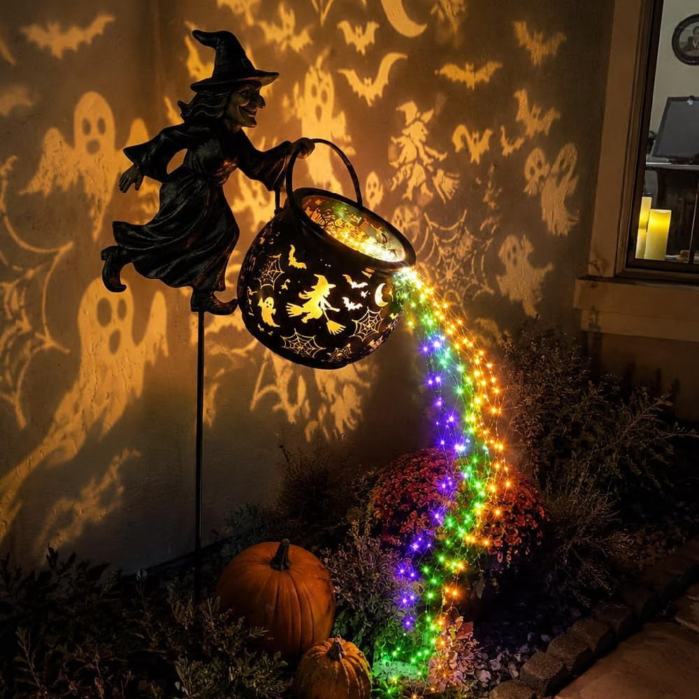 Light up Halloween Decor - Witch Cauldron Garden Light with Stake, Multicolor Potion Cascade & Cutout Shadow Projection, Outdoor Yard for Porch Lawn Patio, Party & Seasonal Display