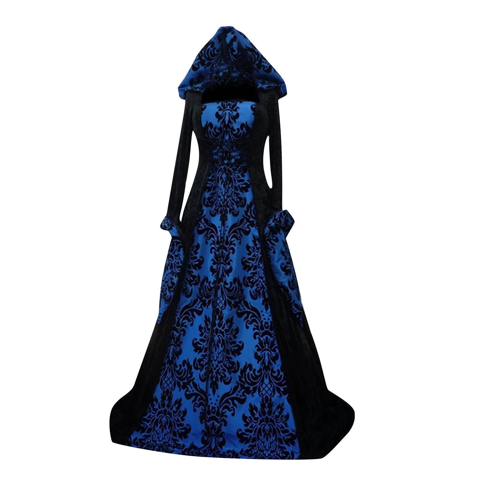 Medieval Damask Gown, Renaissance Witch Costume, Halloween Vampire Dress, Bell Sleeve Hooded Gown, Women Victorian Gothic Hooded Witch Dress Vampire Sorceress Vintage Renaissance Ball Gown, Red L