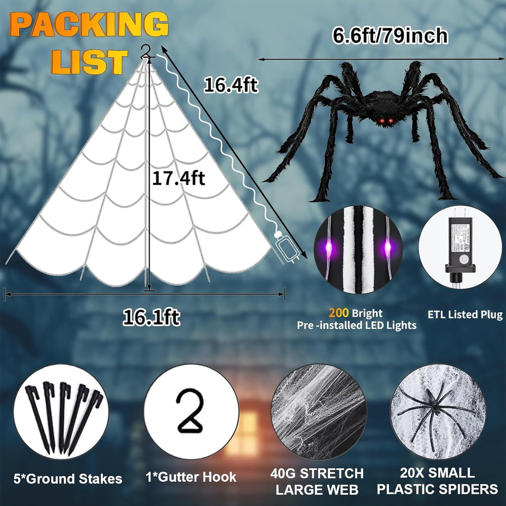 Spider Web Halloween Decorations Outdoor Lights, 200 Purple LED Light Up 16.4Ft Giant Spiderweb & 60" Large Spider & 20 Small Spiders, 8 Modes Lighted Decor for Yard Outside