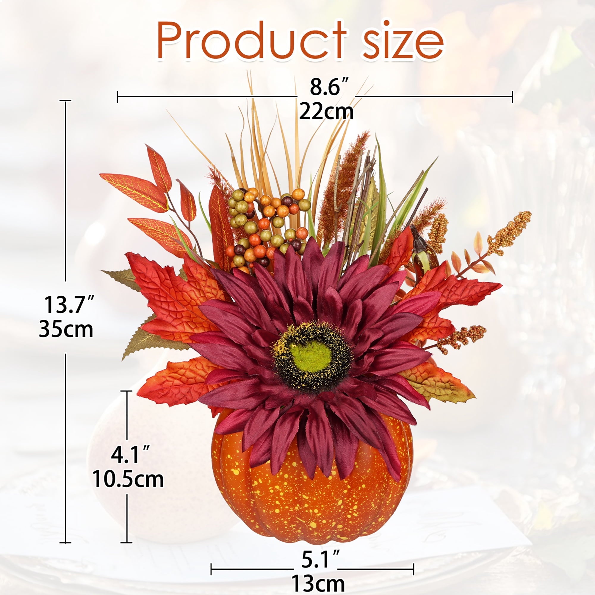 Briful 12.9"Artificial Pumpkin Floral Arrangement with Orange Sunflowers Leaves Fall Table Centerpiece for Harvest Autumn Décor