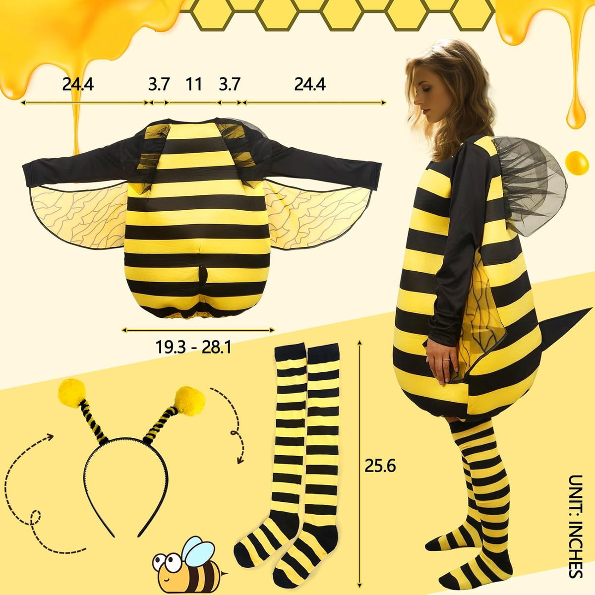 4 PCS Adult Bee Costume Bumble Bee Costume for Women Queen Bee Costume with Headpiece and Stockings