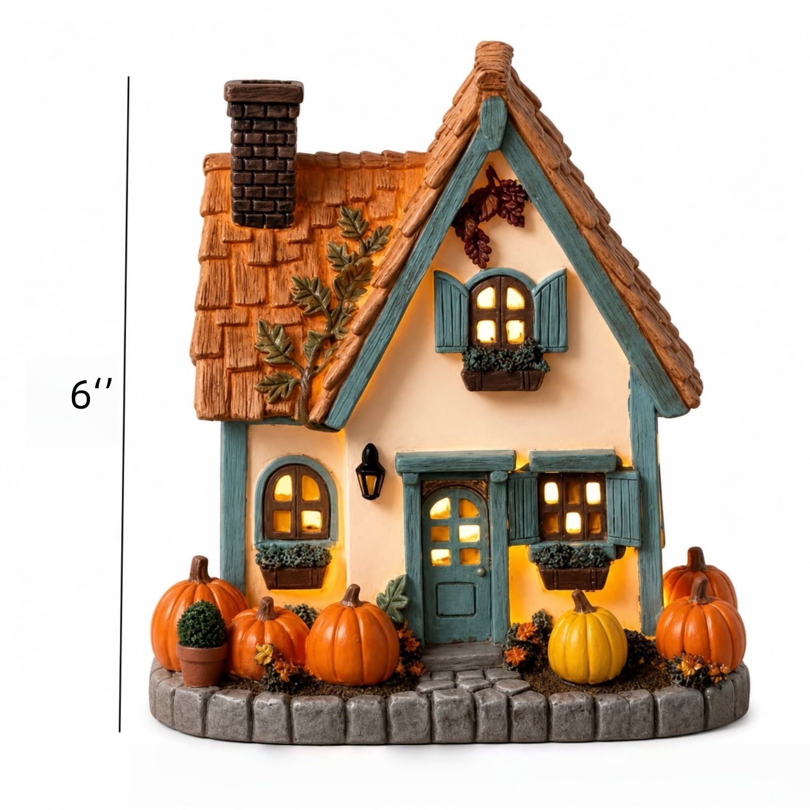Fall Harvest Light Up Cottage House, LED Resin Pumpkin Autumn Halloween Thanksgiving Tabletop Decor with Warm Glow for Mantel Shelf Home Office Seasonal Decoration, 6" (1 PC)